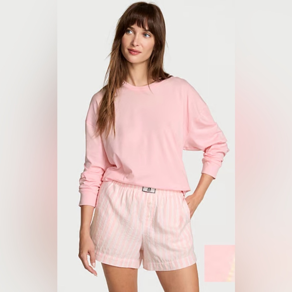 NWT Victoria’s Secret Pink Stripe Rhinestone Patch Flannel Short Tee-Jama Set L